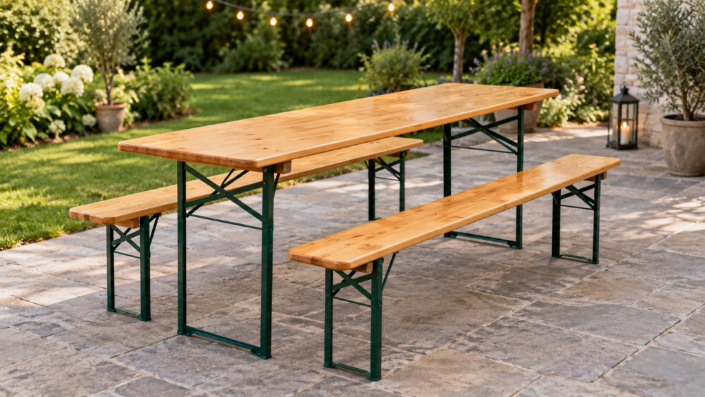 Bierzeltgarnitur aus einem Holztisch und zwei Bänken auf einer Terrasse