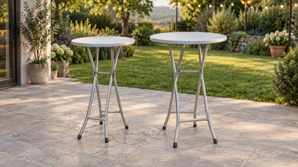 Zwei runde Stehtische auf einer Terrasse