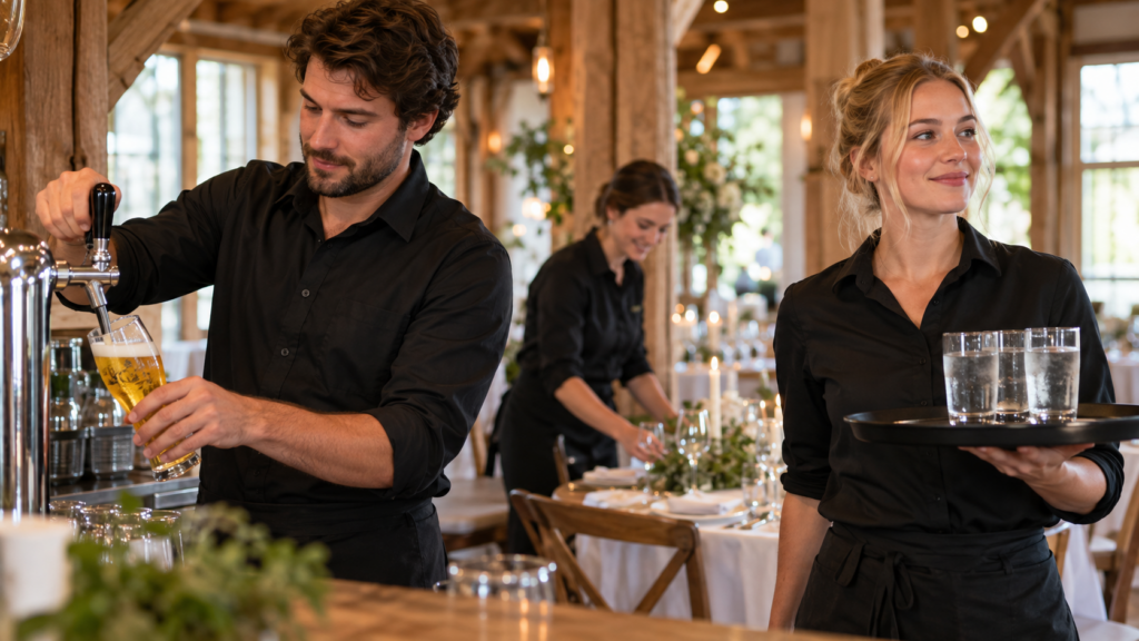 Servicepersonal beim Bierzapfen, Servieren von Getränken und Vorbereiten gedeckter Tische