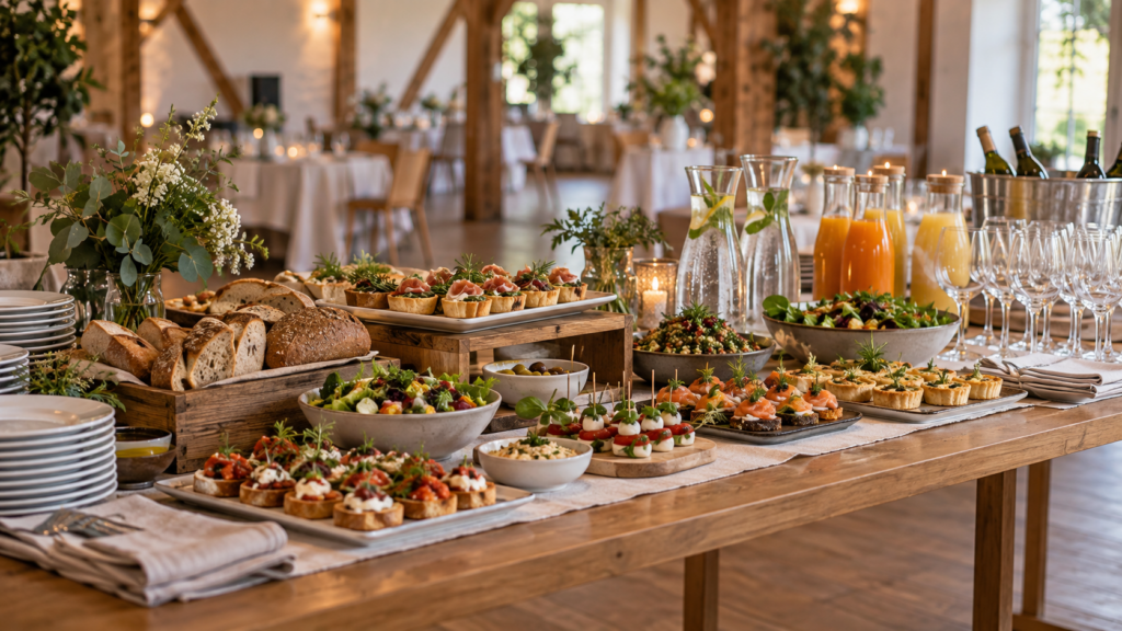 Buffet mit Fingerfood, Salaten, Brot und Getränken in einem Veranstaltungsraum