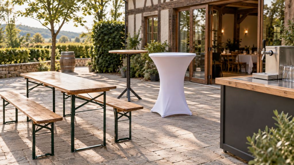 Bierzeltgarnitur, Stehtische und Zapfanlage auf einer Terrasse