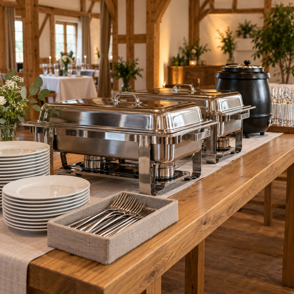 Speisenwärmer, Suppenwärmer, Teller, Besteck und Gläser auf einem Buffettisch.