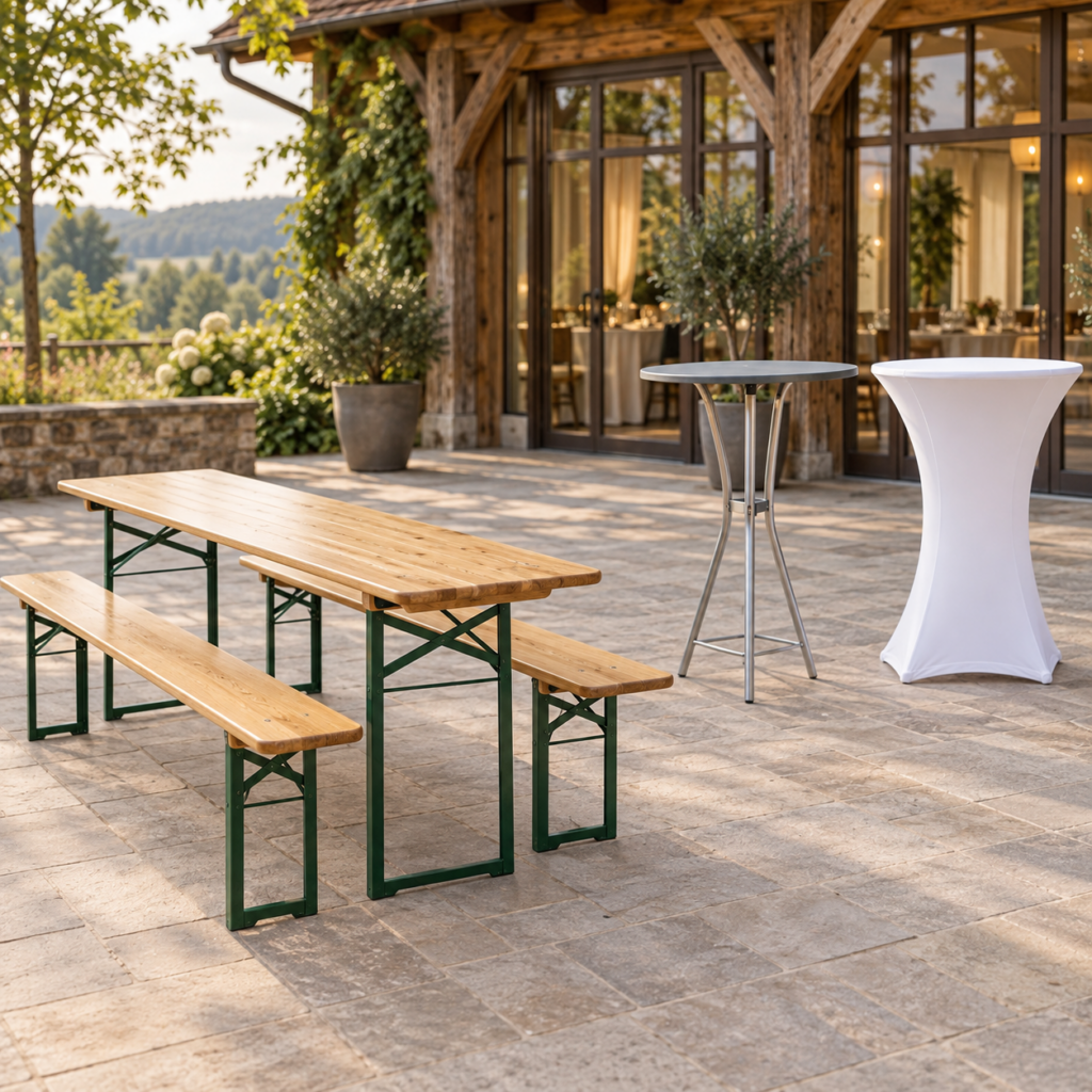 Bierzeltgarnitur und zwei Stehtische, einer mit weißer Husse, auf einer Terrasse.