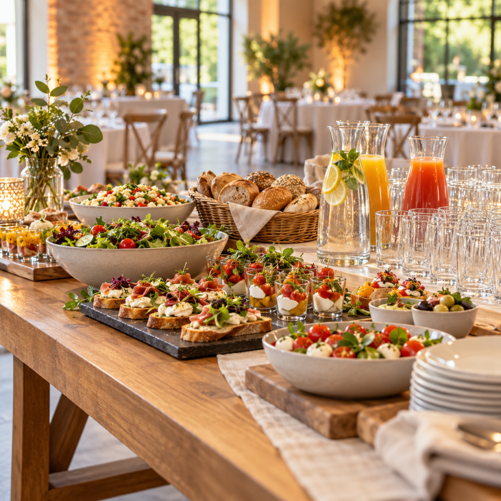 Buffet mit Fingerfood, Salaten, Brot sowie Wasser- und Saftkaraffen.